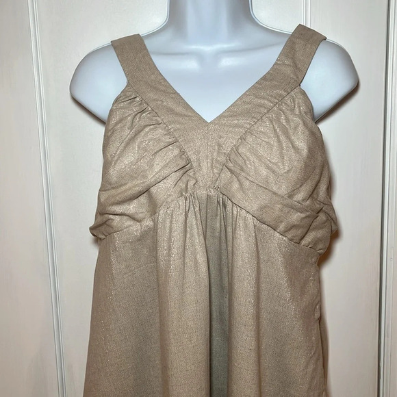 Vintage Linen Blend Dress Women12 Tan Gold Metallic Thread Sleeveless Baby Doll - Picture 3 of 17